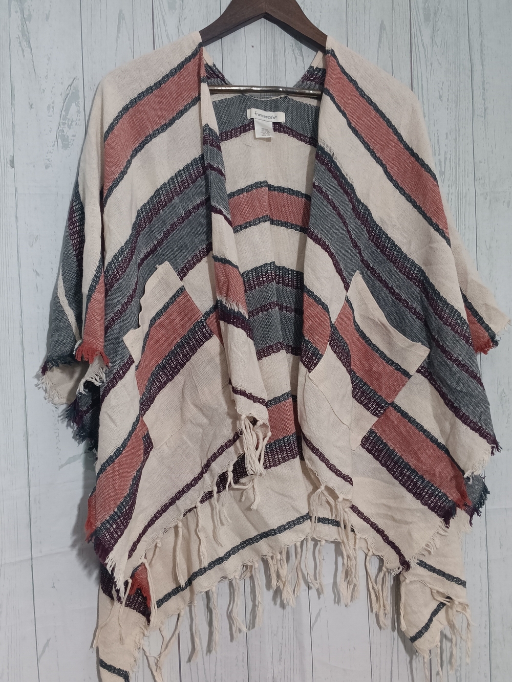 Francesca's Cream Poncho with Slate and Plum Stripes